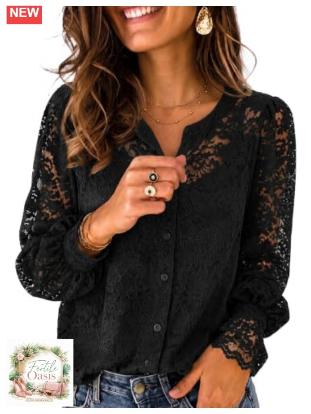Women Long Sleeve Lace Button Up Blouse Dressy Casual Top